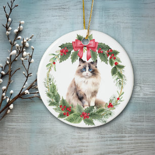 Décoration En Céramique Chat Ragdoll Chat Rouge Bow Holly Wreath Cerise