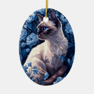 Décoration En Céramique Chat siamois en Fleurs Bleues