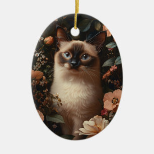 Décoration En Céramique Chat siamois entouré de fleurs roses tendres