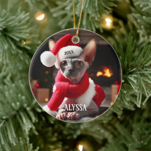 Décoration En Céramique Chat Sphynx à Santa Hat Noël
