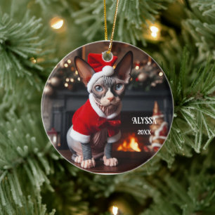 Décoration En Céramique Chat Sphynx à Santa Hat Noël