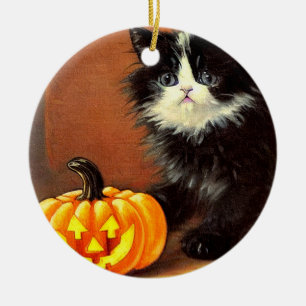 Décoration En Céramique Chaton d'Halloween noir et blanc vintage
