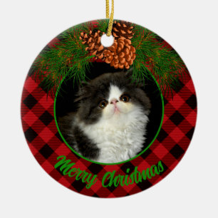 Décoration En Céramique Chatte classique élégant rouge noir plaid pinecone