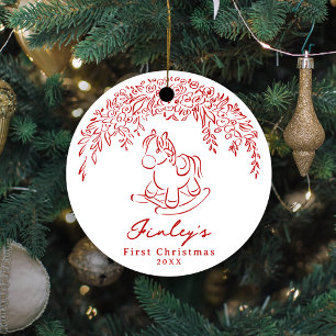 Décoration En Céramique Cheval à bascule fantaisiste rouge 1er Noël de béb