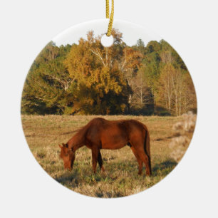 Décoration En Céramique Cheval Brown dans le champ d'arbre jaune