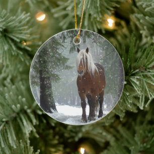 Décoration En Céramique Cheval Brown pittoresque dans une forêt d'hiver No