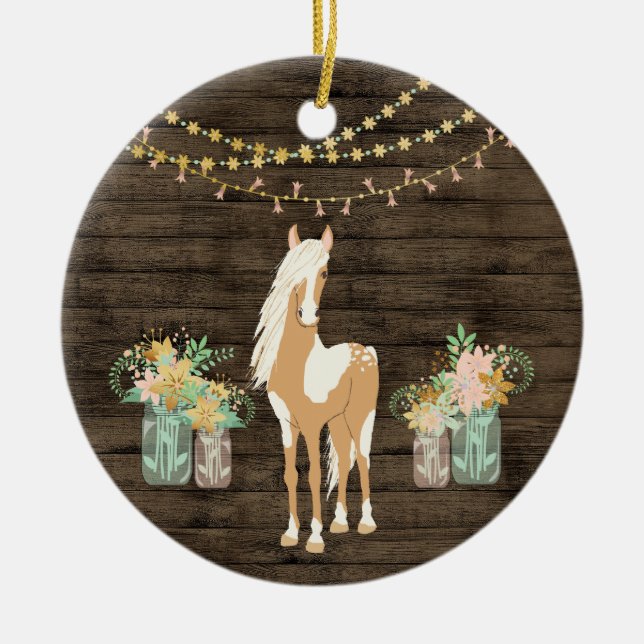 Décoration En Céramique Cheval et fleurs personnalisées Bois rustique (Devant)