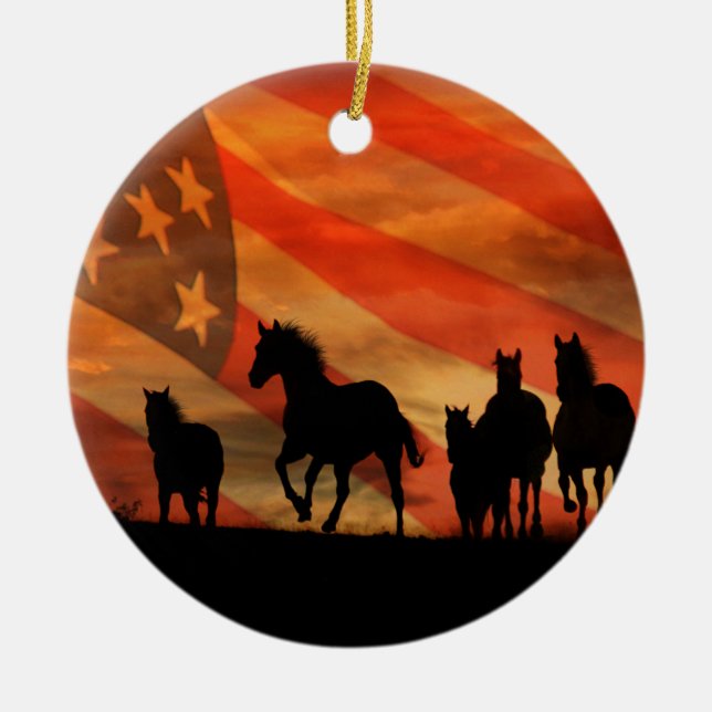 Décoration En Céramique Chevaux et drapeau américain (Devant)