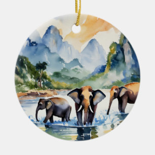 Décoration En Céramique Chiang Mai Elephants Thaïlande Aquarelle
