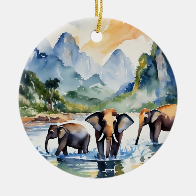 Décoration En Céramique Chiang Mai Elephants Thaïlande Aquarelle (Devant)