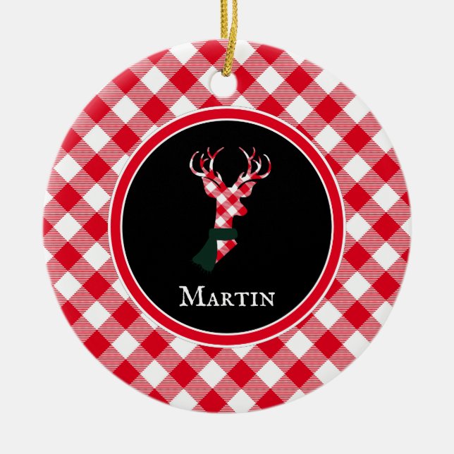 Décoration En Céramique Chic Reindeer Rouge & Blanc Plaid Personnalisé (Devant)