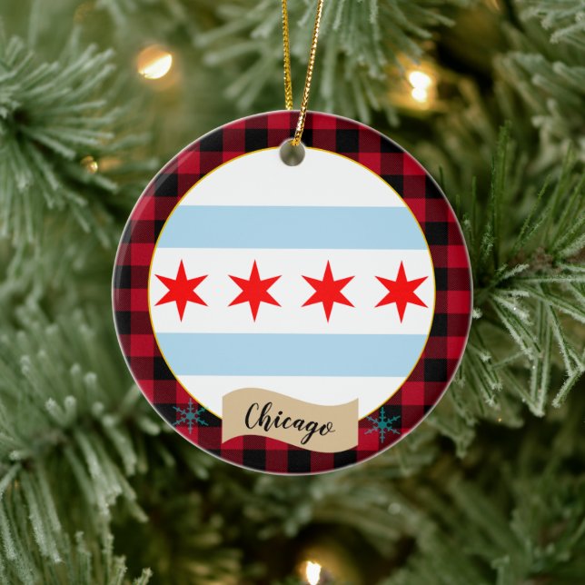 Décoration En Céramique Chicago, Red buffalo plaid & Chicago Flag (Arbre)