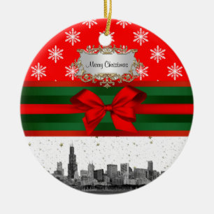 Décoration En Céramique Chicago Skyline Flocon de Neige Rouge Noël