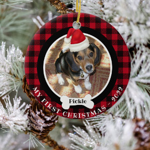 Décoration En Céramique Chien 1er Noël Photo Buffalo Plaid Santa Hat