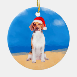 Décoration En Céramique Chien beagle assis sur la plage Casquette de Noël