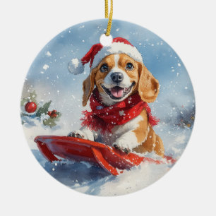 Décoration En Céramique Chien beagle dans la boue Laisser il neige Noël