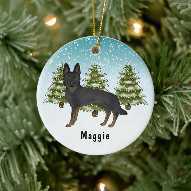 Décoration En Céramique Chien Berger Allemand Bi-Noir Forêt d'Hiver Bleue (Arbre)