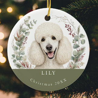 Décoration En Céramique Chien Caniche Blanc Aquarelle Noël