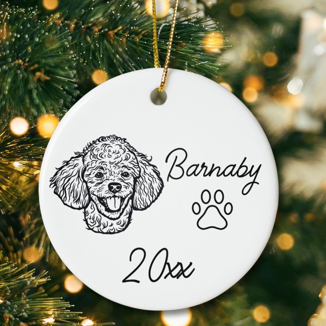 Décoration En Céramique Chien Caniche Ligne artistique personnalisée avec  (Black Poodle Dog Custom Name and Year Ornament with Paw Print. Black and White Line Art Modern)