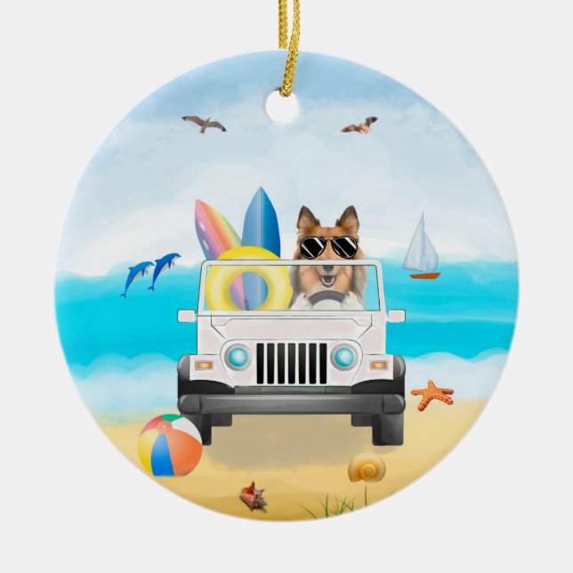 Décoration En Céramique chien colley roux Conduisant sur la Plage  (Devant)