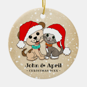 Décoration En Céramique Chien de chat de bande dessinée de Noël