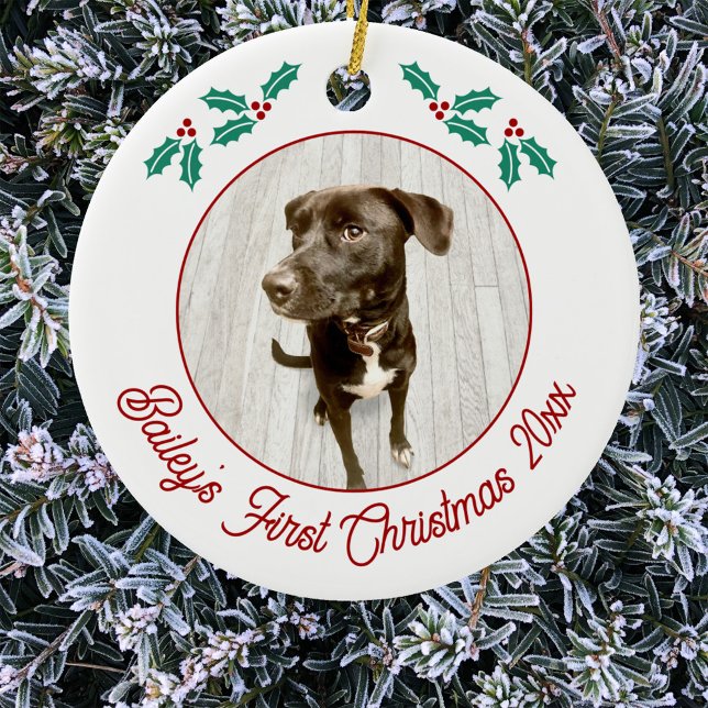Décoration En Céramique Chien de Chien de Chien de Chien de Chien de Chien (Pet dog puppy photo personalized first Christmas name and date ornament with custom text )
