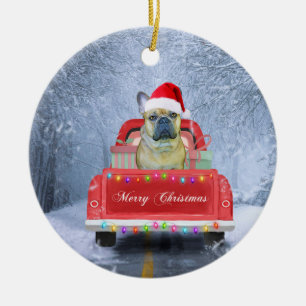 Décoration En Céramique Chien de taureau français en neige assis dans un c