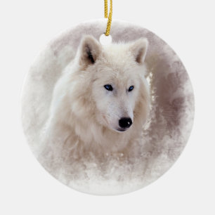 DÉCORATION EN CÉRAMIQUE CHIEN DE TRAÎNEAU SIBÉRIEN BLANC