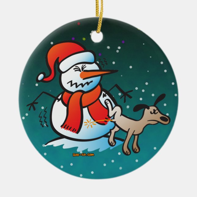 Décoration En Céramique Chien faisant pipi sur un bonhomme de neige ! (Devant)