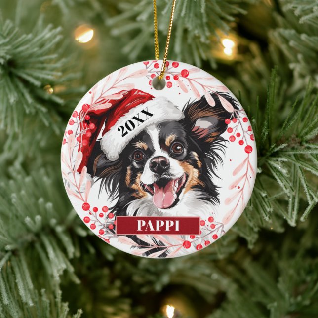 Décoration En Céramique Chien Papillon avec un bonnet de Père Noël Ornemen (Arbre)