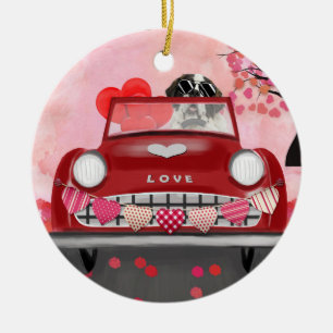 Décoration En Céramique Chien Saint-Bernard en voiture avec coeurs pour la
