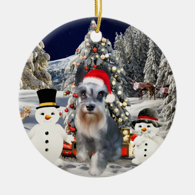 Décoration En Céramique Chien Schnauzer Miniature En Casquette Noël Neige (Devant)