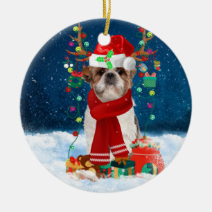 Décoration En Céramique Chien Shih Tzu en neige avec cadeaux de Noël