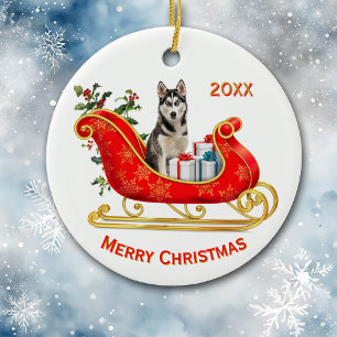 Décoration En Céramique Chien sibérien Husky Sleigh de Noël