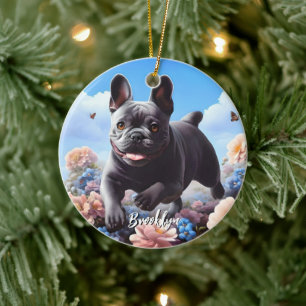 Décoration En Céramique Chien-taureaux et fleurs bleu français