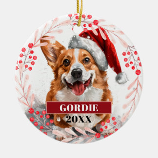 Décoration En Céramique Chien Welsh Corgi avec un chapeau de Père Noël Orn