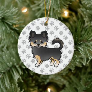 Décoration En Céramique Chihuahua à poil long noir et feu, joli chien et p