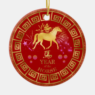 Décoration En Céramique Chinois Zodiac Horse Rouge/Or ID542