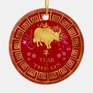 Décoration En Céramique Chinois Zodiac Ox Rouge/Or ID542