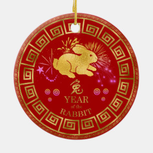 Décoration En Céramique Chinois Zodiac Rabbit Rouge/Or ID542