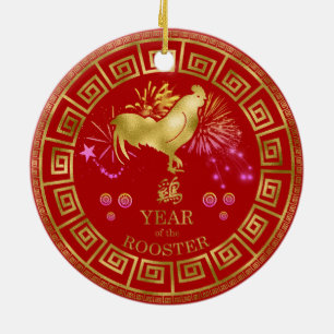 Décoration En Céramique Chinois Zodiac Rooster Rouge/Or ID542