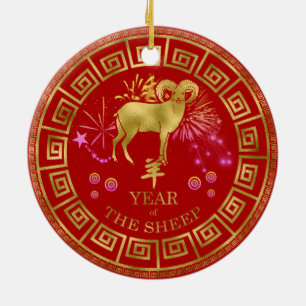 Décoration En Céramique Chinois Zodiac Sheep Red/Gold ID542