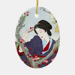 Décoration En Céramique Chinoiserie Dame japonaise et fleur de cerisier ro