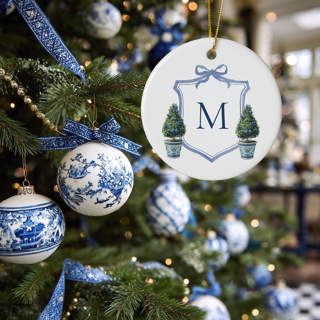 Décoration En Céramique Chinoiserie Topiary Monogramme Crest Noël (Topiary Monogram Christmas Ornament)