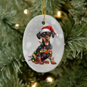 Décoration En Céramique Chiot de Doberman Pinscher aux lumières de Noël