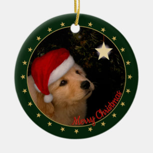 Décoration En Céramique Chiot d'or rétriever avec Santa Hat