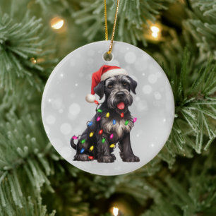 Décoration En Céramique Chiot Schnauzer géant aux lumières de Noël