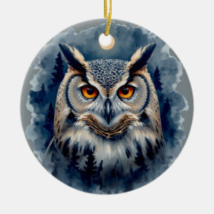 Décoration En Céramique Chouette de Lune Mystique Art Aquarelle Forêt Cé