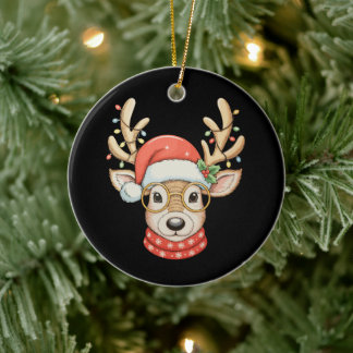 Décoration En Céramique Christmas Reindeer Xmas Lights Glasses Santa Hat