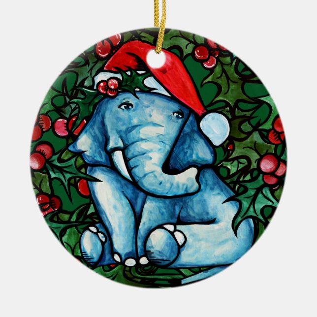Décoration En Céramique Christmas Yule Elephant avec Holly (Devant)